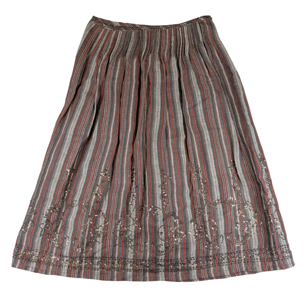 Weekend Max Mara Linen Striped Sequin Embroidered Midi Skirt Brown Grey 6